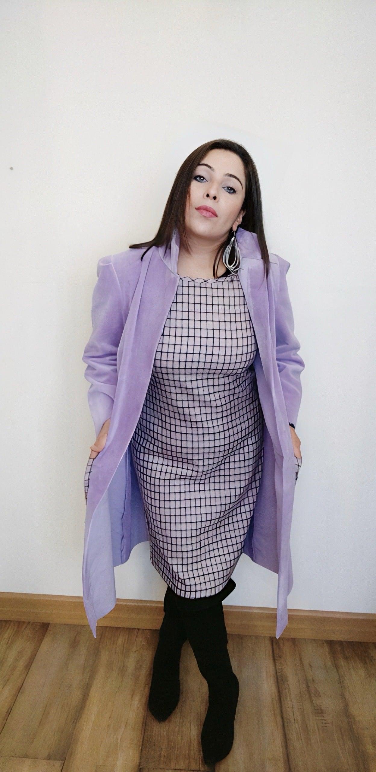 CHECKMATE LAVENDER WOOLLEN SLIHOUTTE WITH SUEDE LONG JACKET